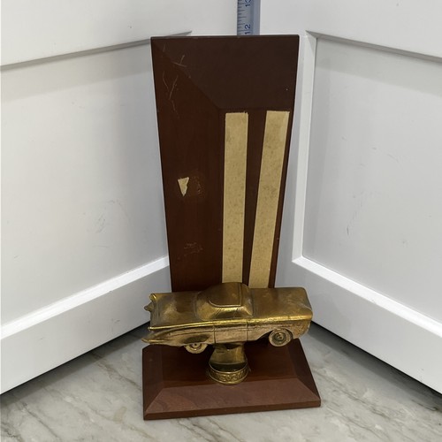 Vintage 1960' Racing Trophy Race Car 60s MCM Wood Gold Metal No Plate 12 3/4"