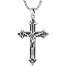 Crucifix Necklace Sterling Silver Jesus Cross Pendant Necklace Religion Jewel...