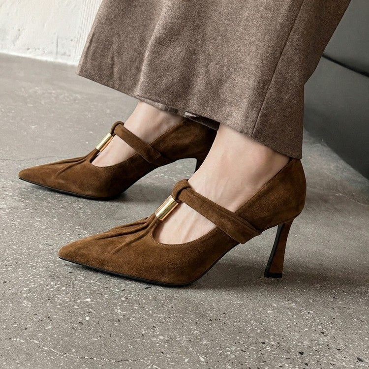 Women Pointed Toe Real Suede Leather High Stiletto Heel Pump Shoes T Strap Party