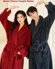 Women Plush Bathrobe Fleece Shawl Collar Long Sleeve Belted Robe with Pockets
