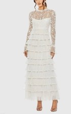 Mac Duggal 8003 White Pearl Embroidered Long Sleeve Ruffled Tier Dress Sz 4 NEW