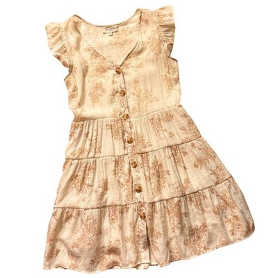 Sweet Wanderer Floral Tiered Mini Dress  Medium Tan Boho Ruffle Button Front