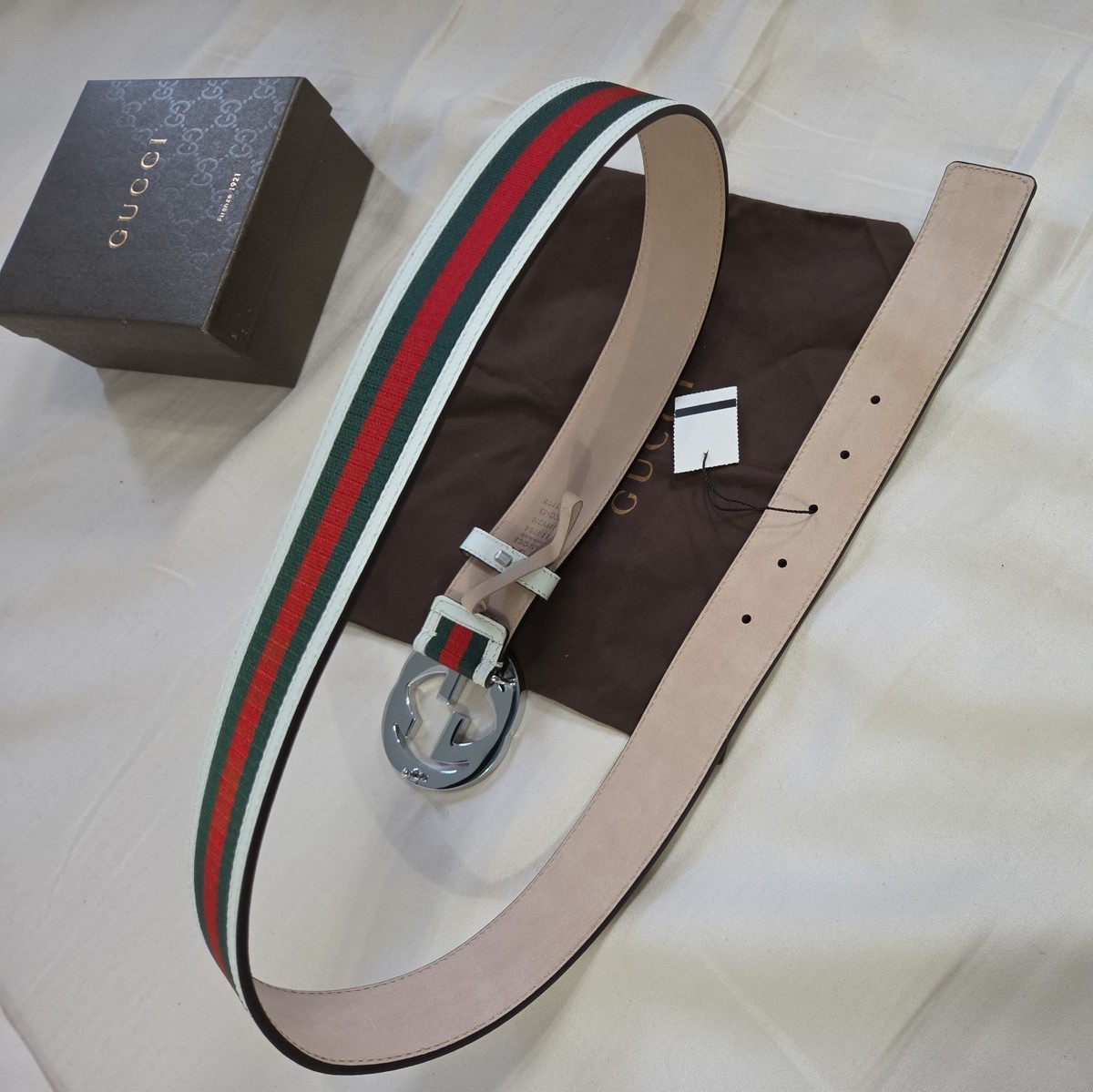 Authentic Gucci White Green And Red Striped Belt, Men Size 34-36