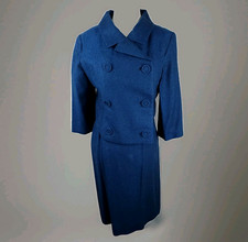 Vintage 60s Blue Tweed Suit Skirt Jacket Set 3/4 Slv Double Breast Button XS/S