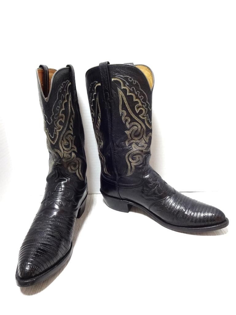Lucchese 1883 Black Teju Lizard/Goatskin W/Embroidery Western Cowboy Boots 11.5D