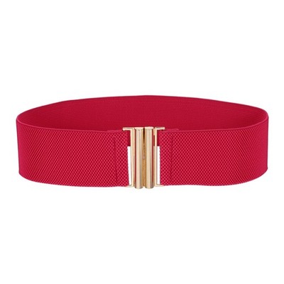 Wide Elastic Waist Belt with Square Metal Buckle, Rose Red, 26.7'' to 32.7''
