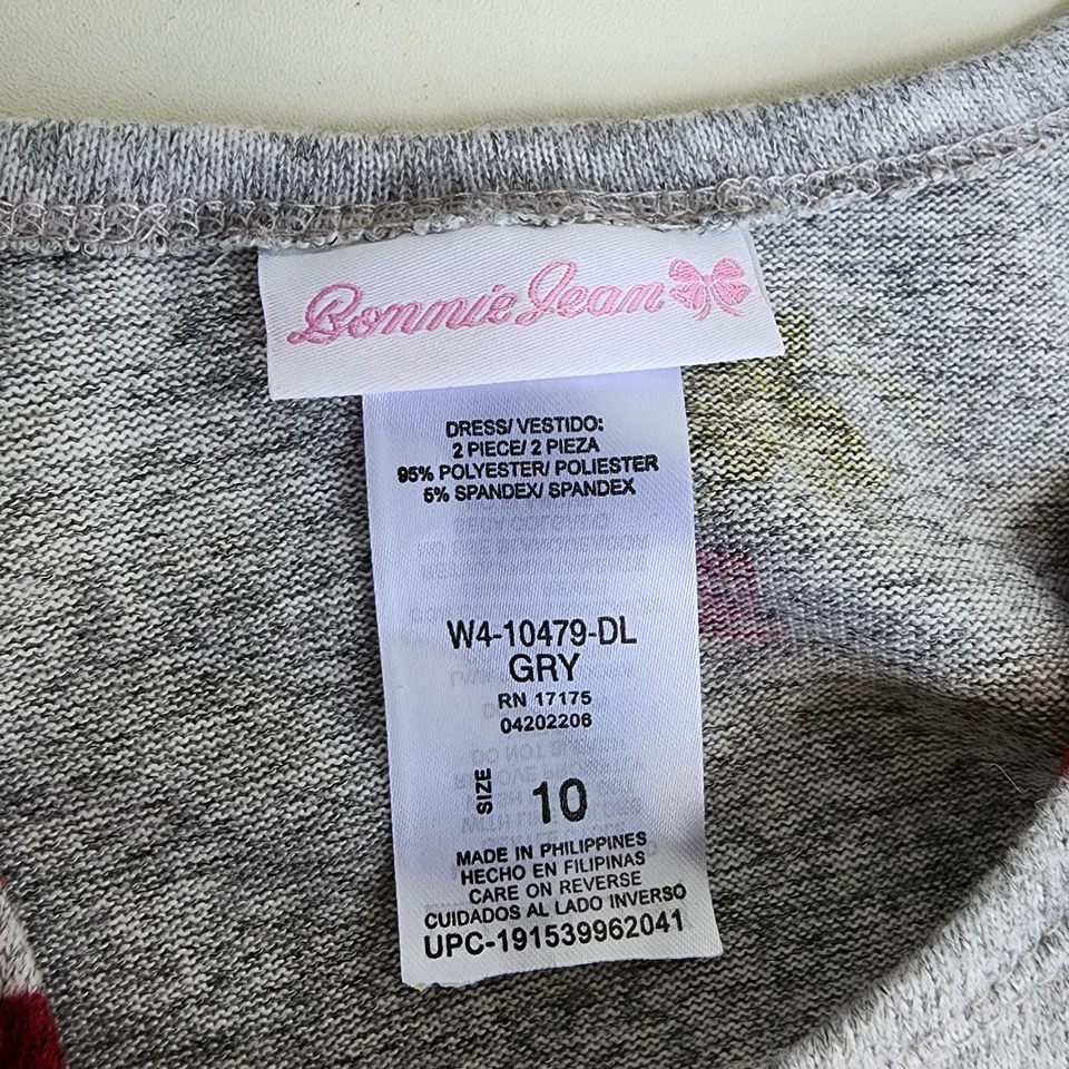 Bonnie Jean Girl Gray Dress Pullover Knit Red Floral Long Sleeve Ruffle Sz 10 - Image 4 of 4