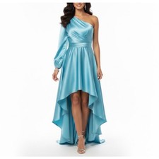 MAC DUGGAL 49141 Blue Evening Gown Satin One Shoulder High Low Dress Size 10