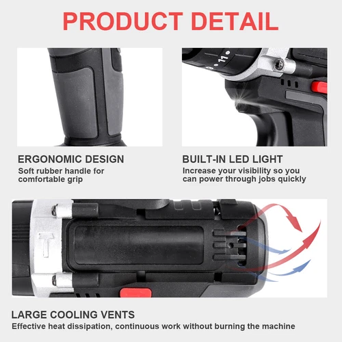 36V 2-Speed Electric Cordless Drill Screwdriver Hammer Impact w/ 2 Battery Kits - Picture 12 of 14
