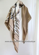 70% Cashmere & 30% Silk Wrap Scarf Fly Horse Print Double Face Shawl 53" Beige
