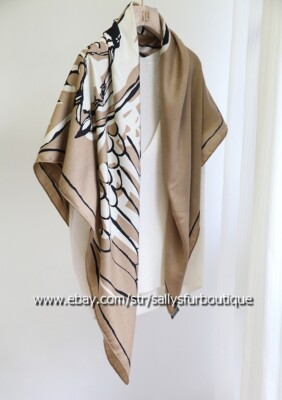 70% Cashmere & 30% Silk Wrap Scarf Fly Horse Print Double Face Shawl 53'' Beige