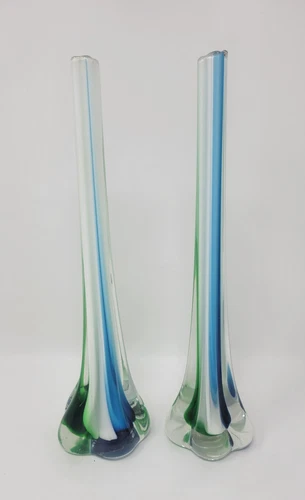Vintage Elephant Foot Green Blue & White Glass Bud Vase Murano Style 10" Tall