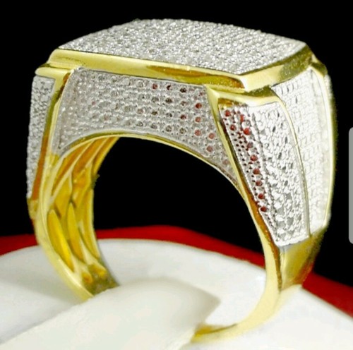 Mens 14K Yellow Gold Plate & Silver Ring w/ White Sapphires (1.25 cttw) - Picture 5 of 8