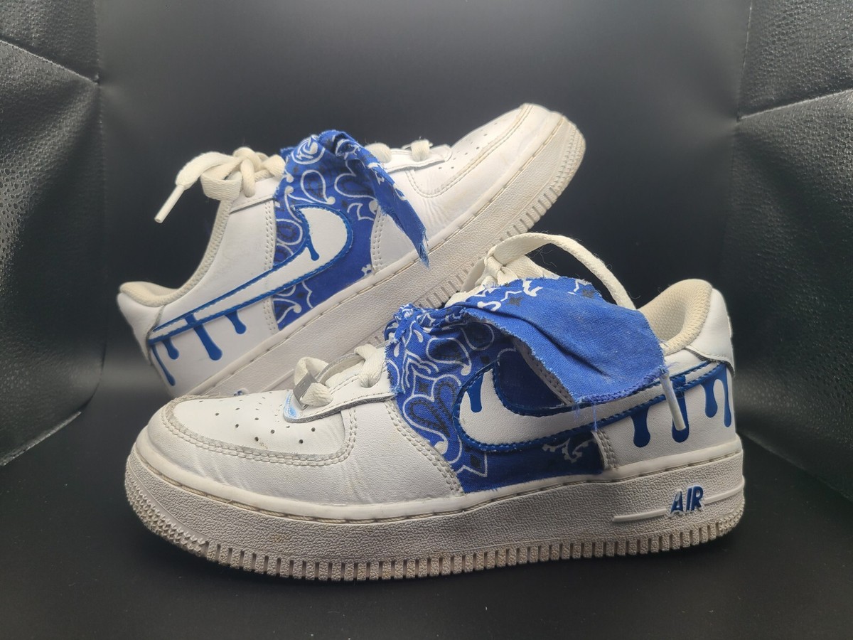 Rare Size 4Y Nike Air Force 1 Blue Bandana White Shoes