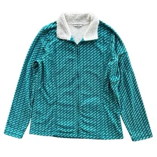 L.L. Bean Women’s M Teal White Print Sherpa Collar Fleece Full Zip Jacket 290293