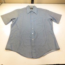 VINTAGE 1960s BRANFORD BIG COLLAR POLY NYLON SHORT SLEEVE SHIRT Mens 16.5 Blue