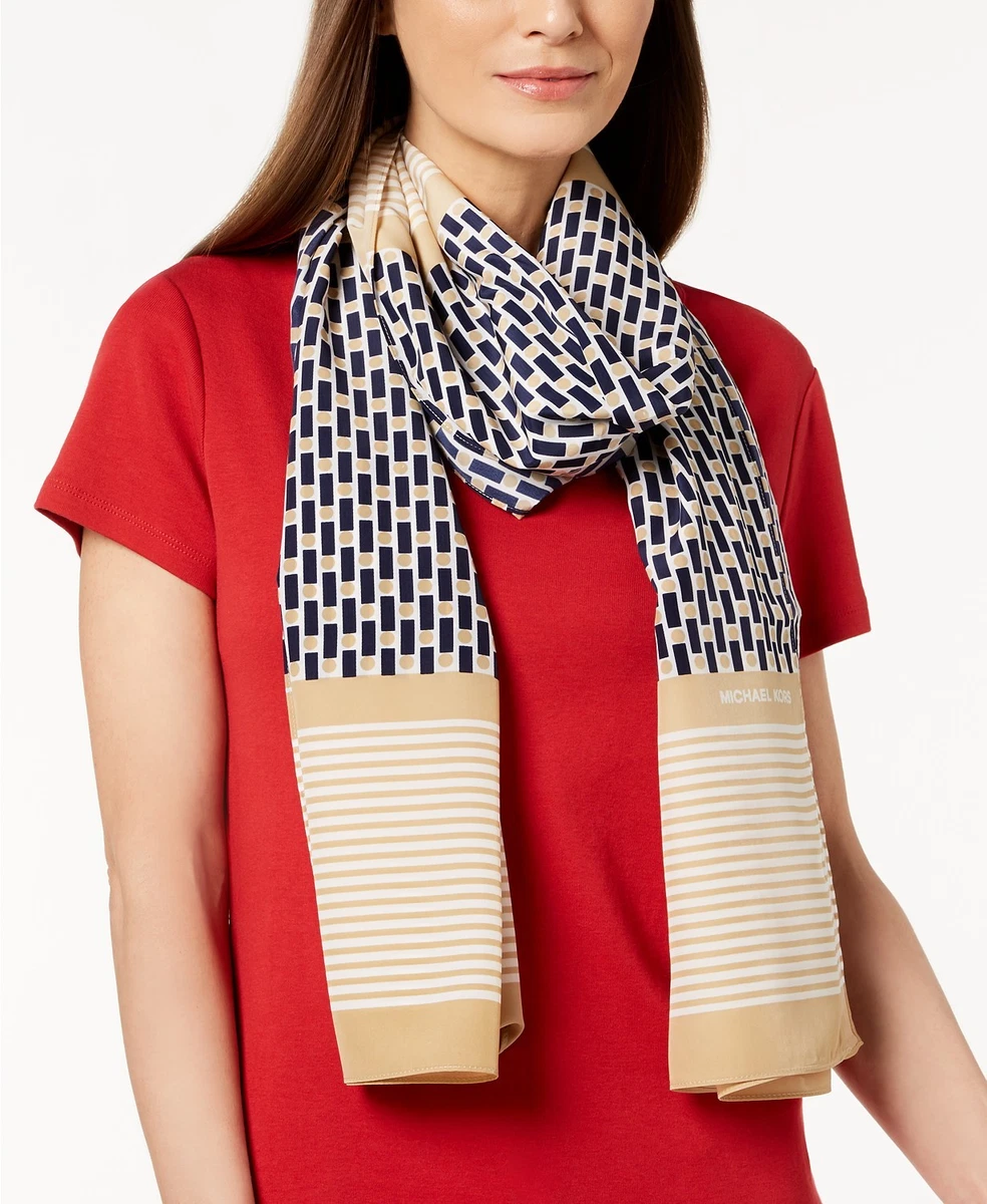 New Michael Kors Framed Dots Oblong Scarf in Navy Blue Khaki White