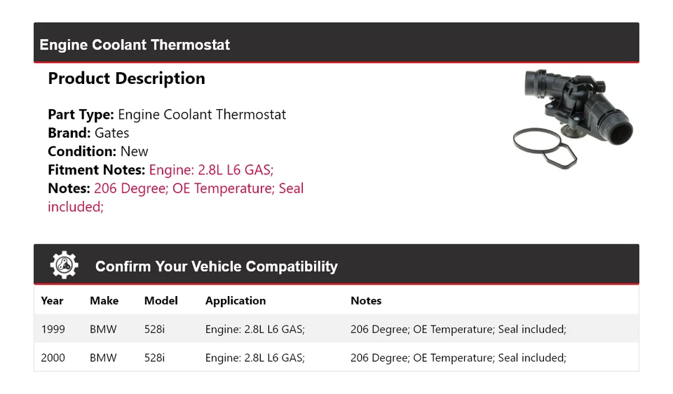 Puertas termostato refrigerante motor gas 2,8 L L6 para BMW 528i 1999-2000 Foto 2 de 4