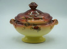 Vintage Japan Painted Covered Double Handled Dish Floral Orange/Red to Yellow 8"