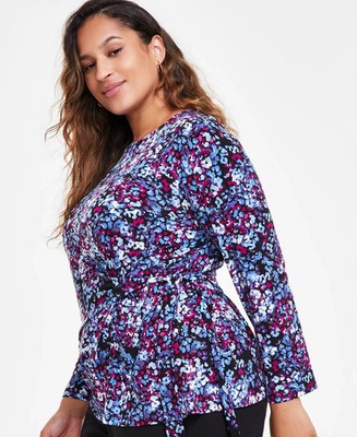 Kasper Women's Plus Size Floral Printed Long Sleeve Twist-Side Top Blouse 1X