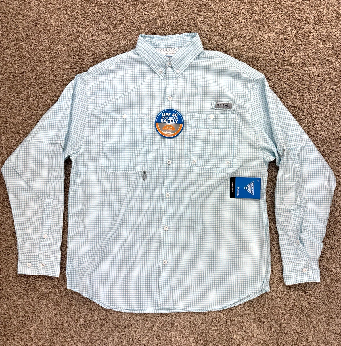 Camisa de pesca Columbia PFG Super Crystal Springs para hombre L azul a cuadros UPF 40 NUEVA CON ETIQUETAS