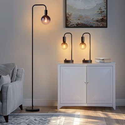 Industrial Lamp Set 3 Piece-1 Floor Lamp and 2 Dimmable Table Lamp- 3 Pack Mo...