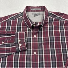 Eddie Bauer Wrinkle Free Relaxed Fit Plaid Shirt Mens L Burgundy LS Cotton