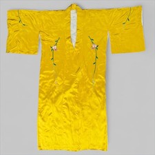 Vintage Japanese Kimono Yellow Gold Silk Satin Embroidered Peony Kosode Robe