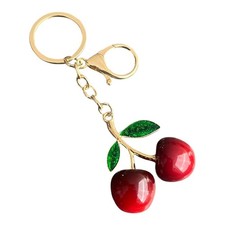 Women's Gold Red Green Cherry Charm Key Chain 4.25" Enamel Fruit Cute Metal