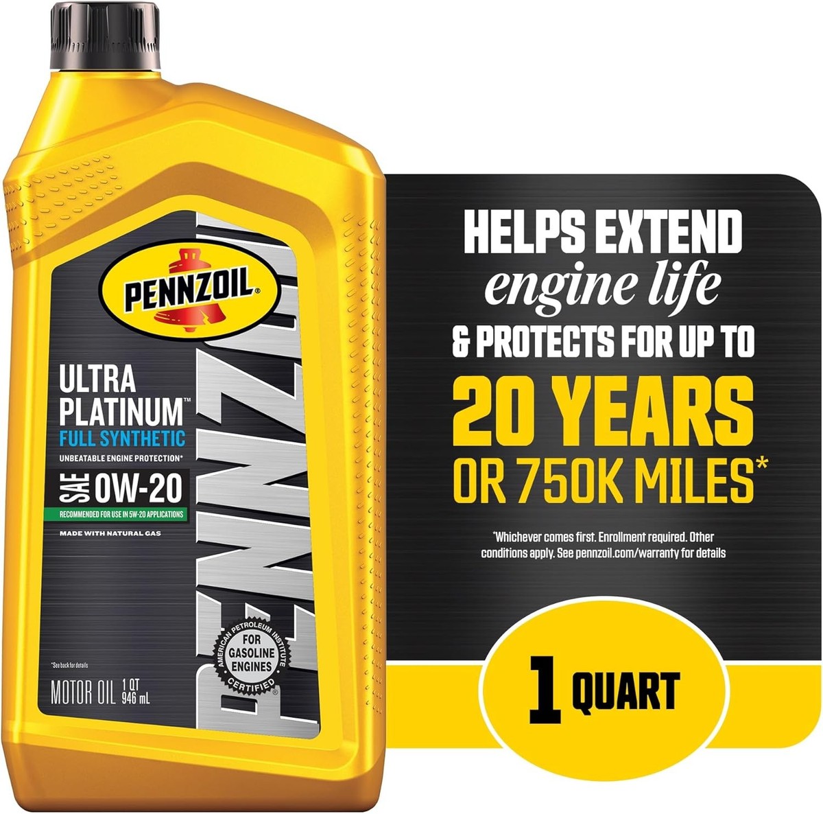 Pennzoil Ultra Platinum Full Synthetic 0W-20 Motor Oil, 1 Quart 1