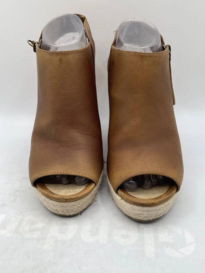 Ruff Hewn Wedge Heel Sandal Women's Sz 9 Brown Leather Side Zip Peep Toe - Image 2 of 4