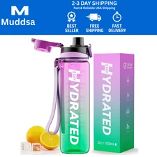 32oz Motivational Water Bottle, BPA Free Leakproof Sports Bottle, Purple Green