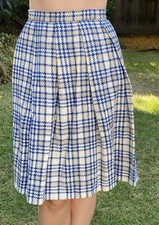 Vintage Handmade 50s S 100 Wool Pleated Full Skirt Blue Ivory Plaid