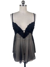 Victoria's Secret Babydoll Slip Top Negligee Medium Black Lace Mesh Coquette Y2k