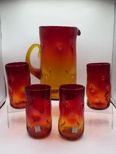 Blenko Glass Tangerine Pitcher 6714 & 4 Pinched 6” Tumbler 418L Set *MINT*