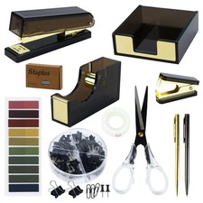 Black Acrylic Sticky Notes Holder Stapler and Tape Dispenser Cutter with Stap...