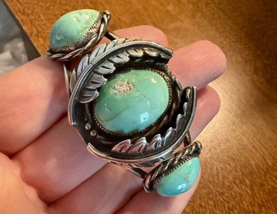 Navajo Sterling Silver Vintage Turquoise 3 Stone Feather Cuff 6.25 39.1 TGW - Image 1 of 4