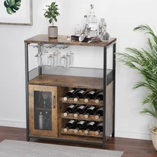 Small Wine Bar Cabinet with Glass Holders, Mesh Door, Adjustable Shelves Buffet