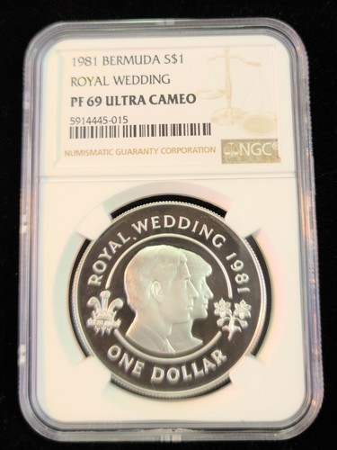 1981 BERMUDA SILVER 1 DOLLAR ROYAL WEDDING NGC PF 69 ULTRA CAMEO TOP POP !!!! - Picture 4 of 4