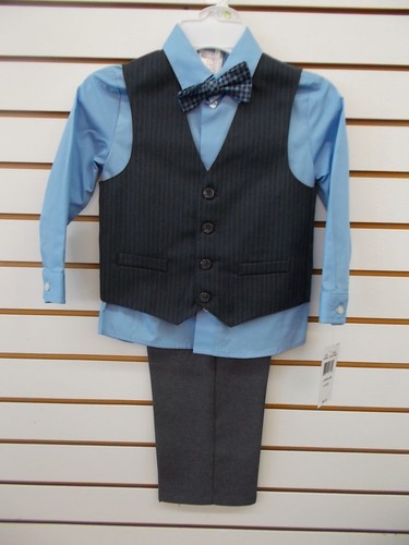 Boys Van Heusen $50 4pc Charcoal & Light Blue Vest Suit Size 4 - 7