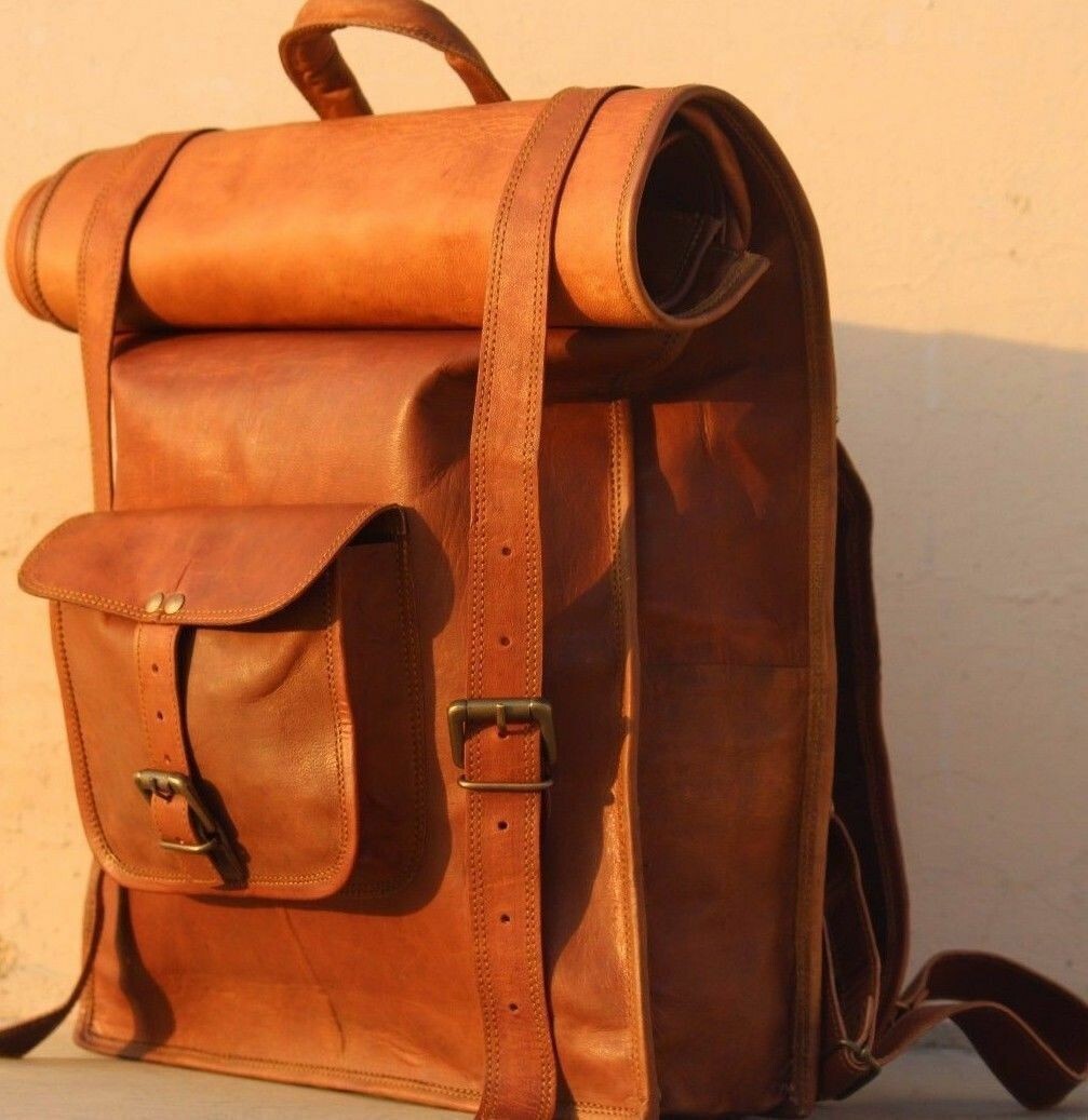 Men's Genuine Leather Messenger Backpack Brown Travel Rucksack