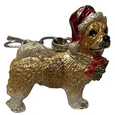 Dog Terrier Red Hat Rhinestone Necklace Gift Enamel Christmas Ornament