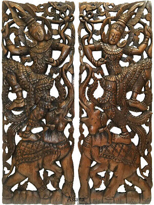 Traditional Thai Dancing Figure On Elephant Large Carved Wood Panels Brown - Thai Wood Wall Decor