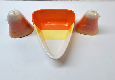 Halloween Theme Candy Corn Shaped Candles & Candy Dish Lot Of 3 Pre-owned 