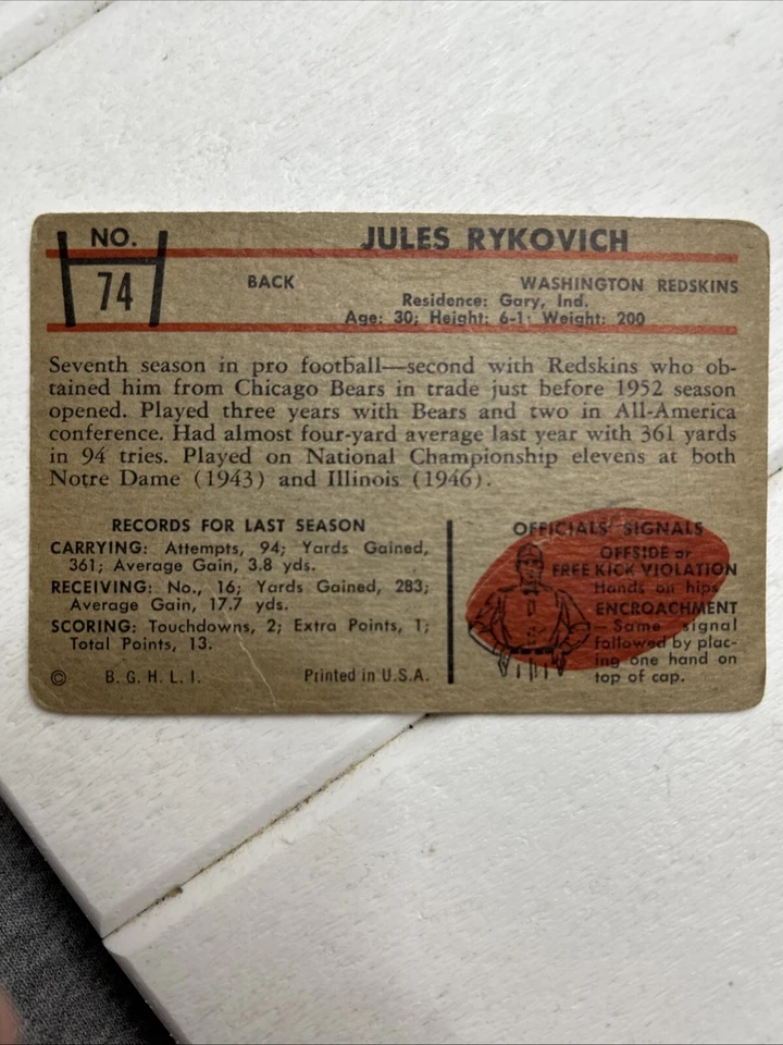 1953 BOWMAN Vintage FOOTBALL CARD Ex #74 JULES RYKOVICH WASHINGTON REDSKINS - Image 3 of 4