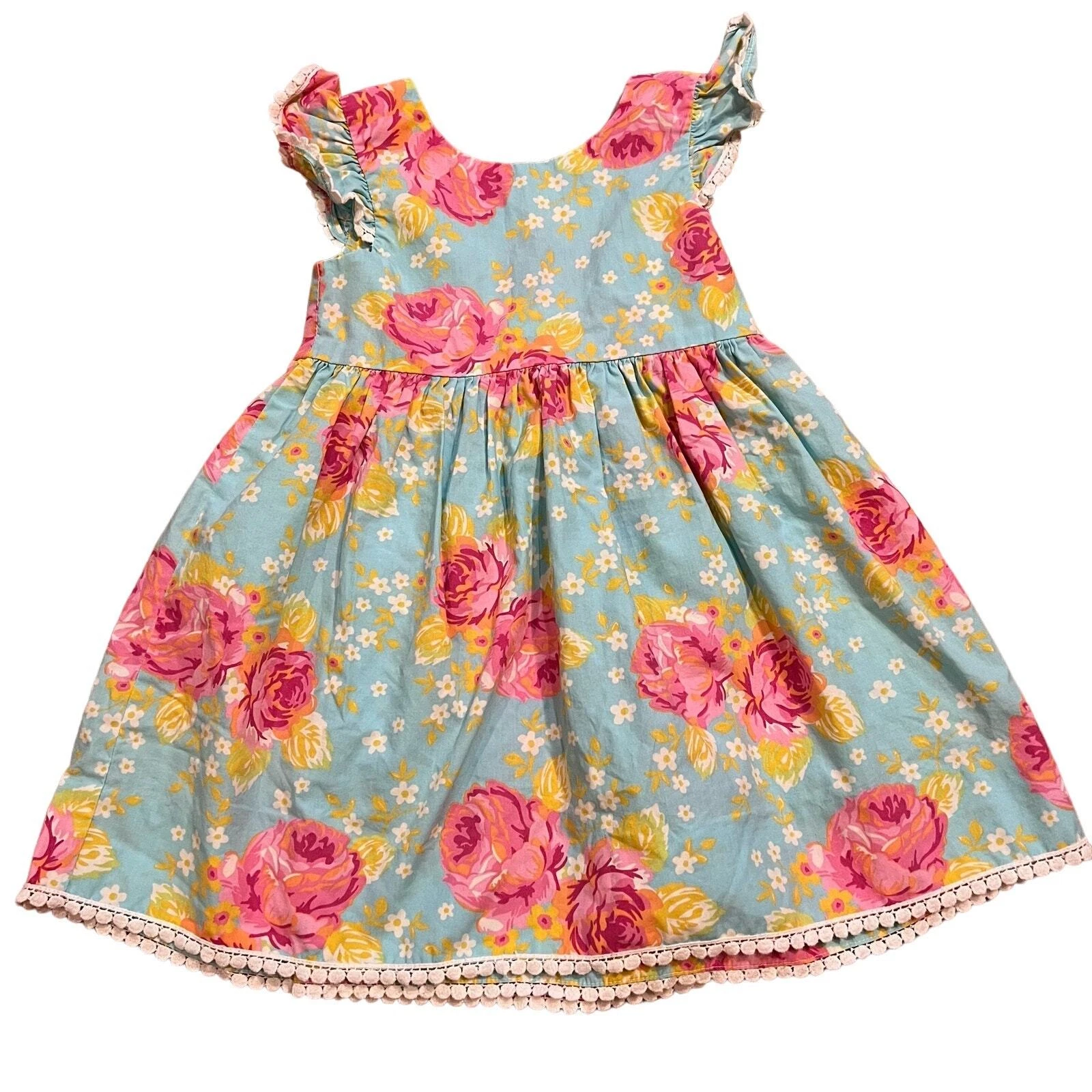 Kelly’s Kids Floral Dress Size 3 - 4 Aqua Pink Lace Boutique Summer Spring NWOT