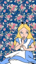 Alice in Wonderland w. Blue Pink Flowers 6x10 Cotton Fabric Block