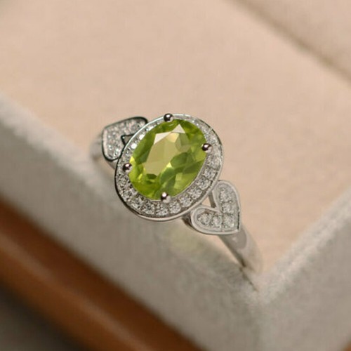 2.65 Ct Oval Cut Peridot Diamond Engagement Ring 14K White Gold Finish Size J-T - Picture 2 of 8