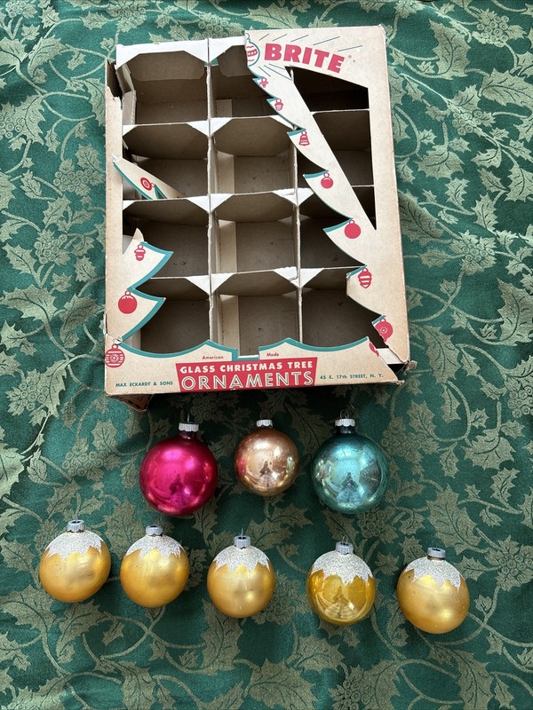 Vintage Shiny Brite Christmas Ornaments Lot ~ Gold Mica Snowcap, Solid w Box USA