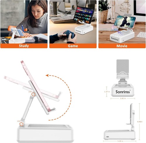 Cell Phone Stand with Wireless Bluetooth Speaker, Adjustable HD Surround Sound - Photo 4 sur 4
